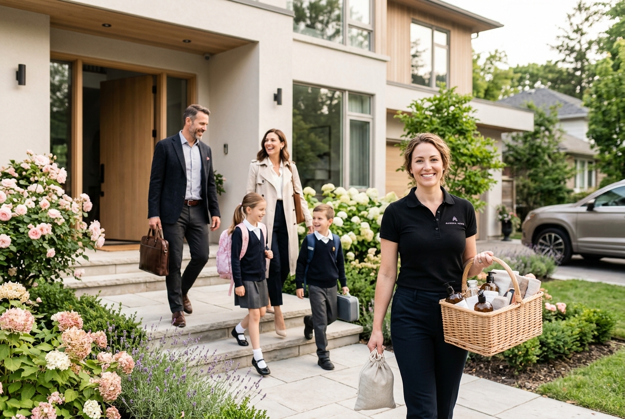A family leaving for the day as a Happy Home Specialist arrives