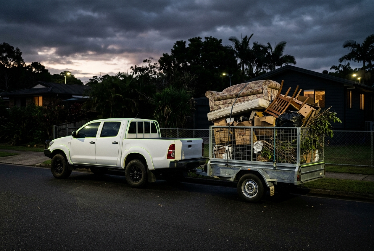 White ute towing a trailer loaded with junk