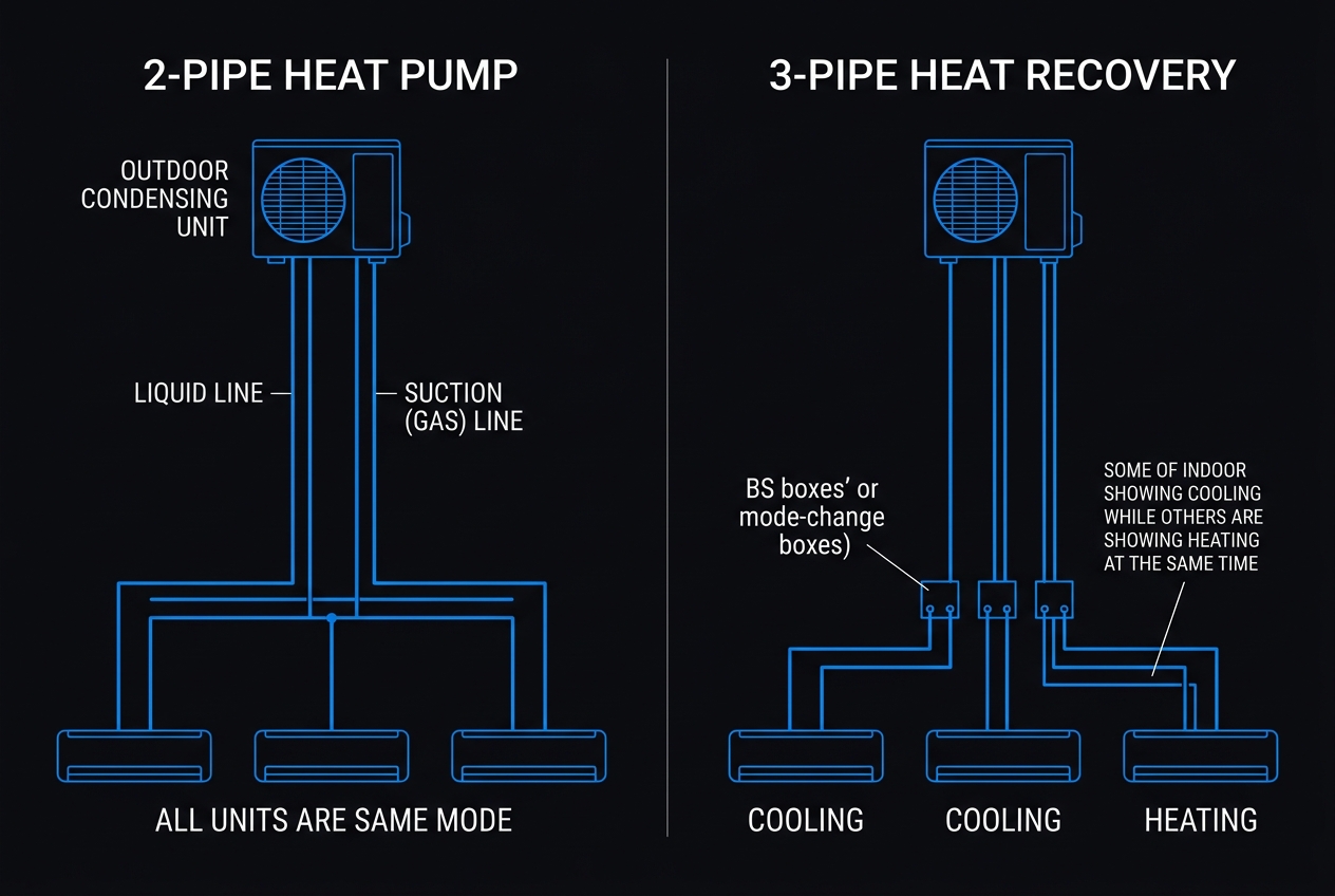 VRF 2-pipe heat pump vs 3-pipe heat recovery piping schematic