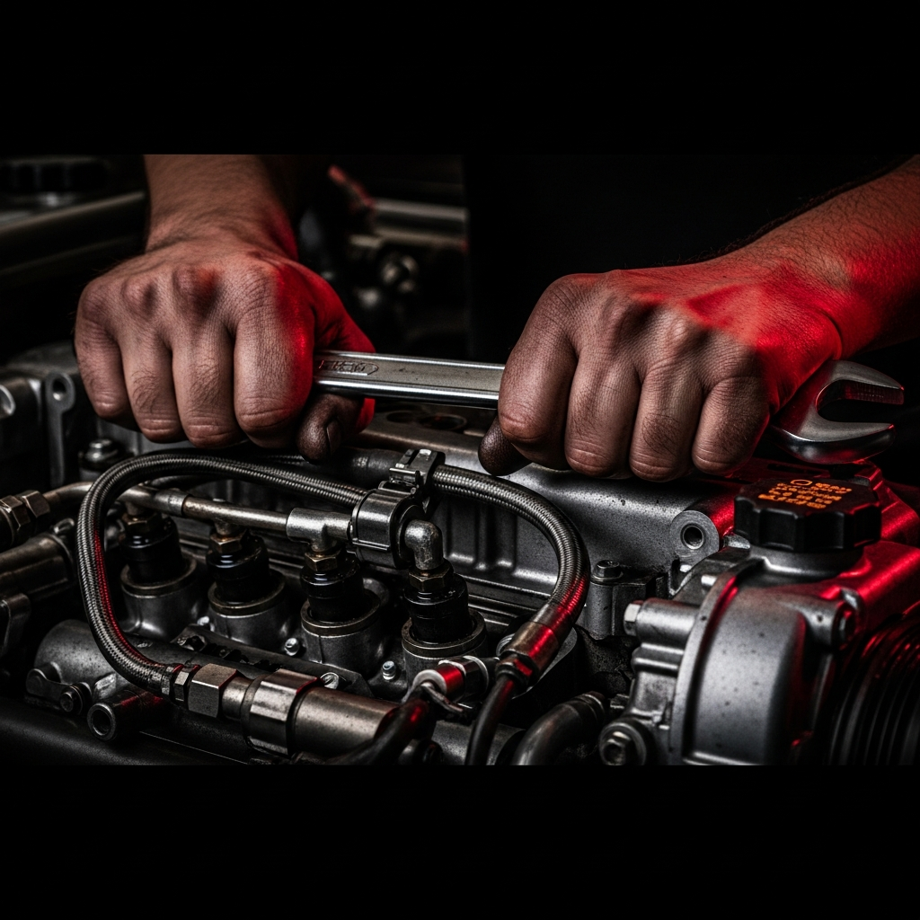 Diesel mechanic working on engine