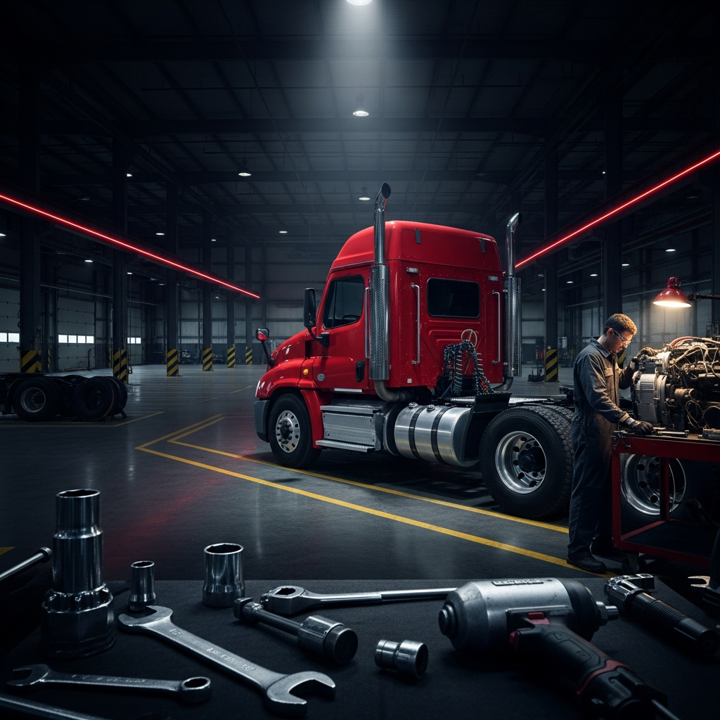Heavy-duty semi truck inside In & Out Diesel Repair shop