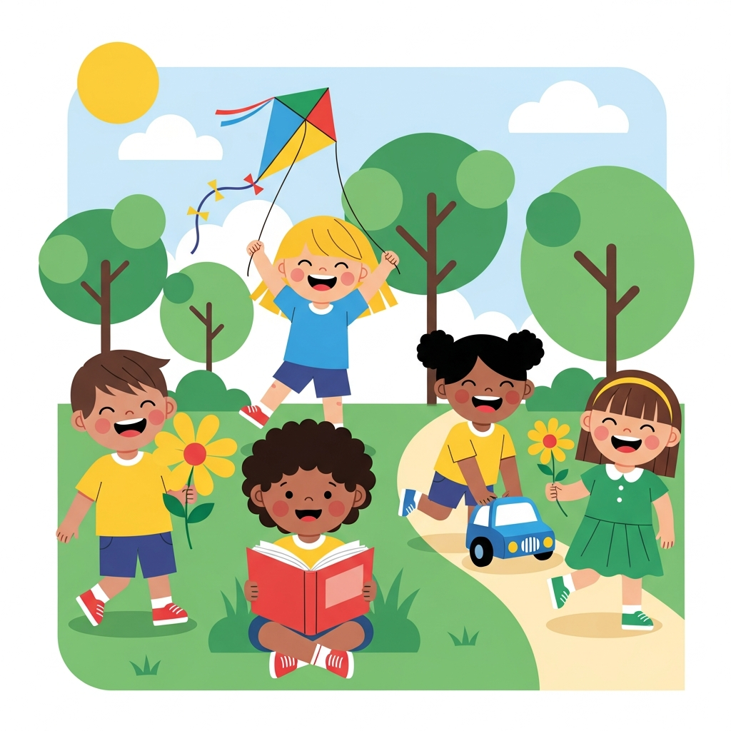 Children reading in a sunny park