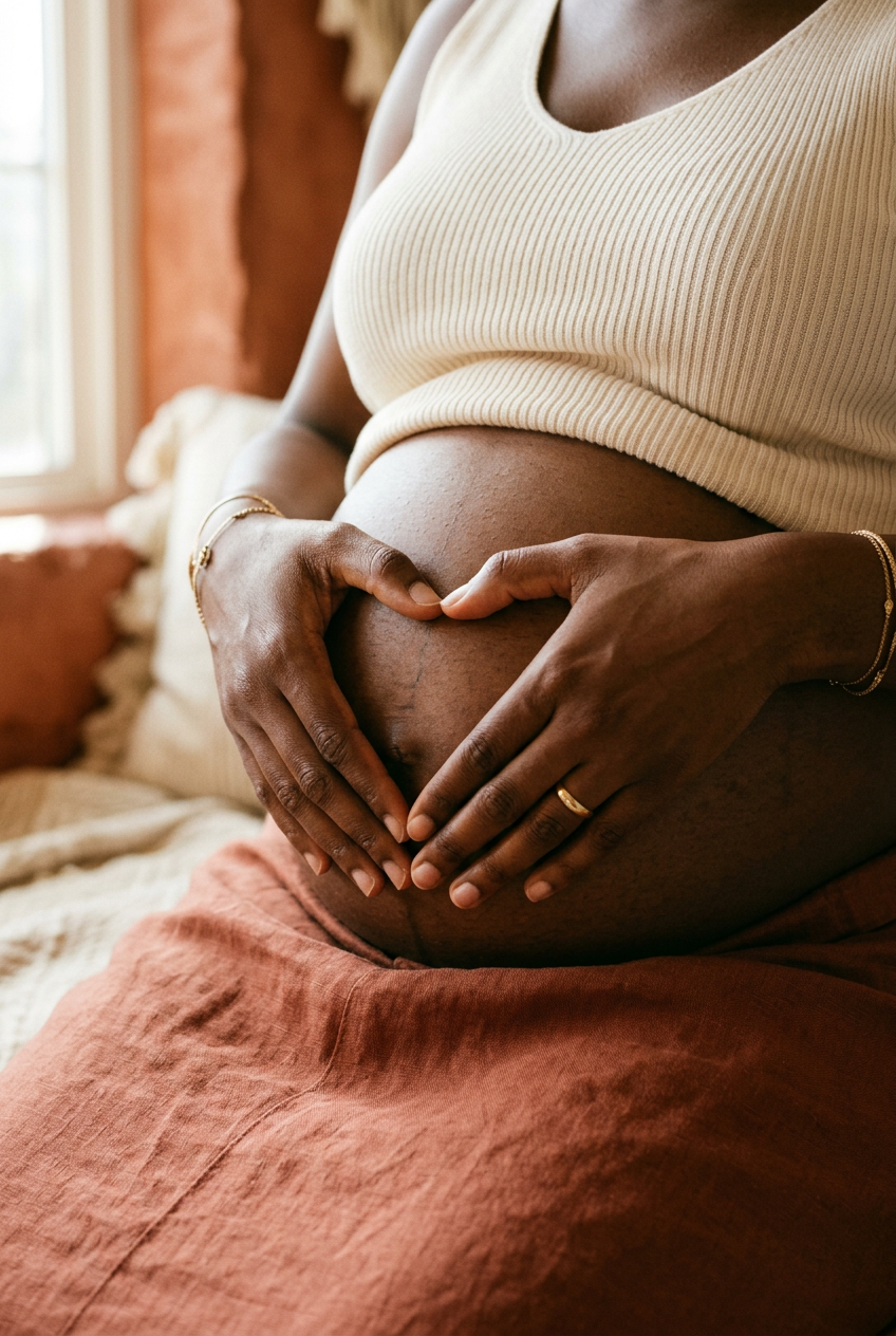 Gestante negra acariciando a barriga em formato de coração