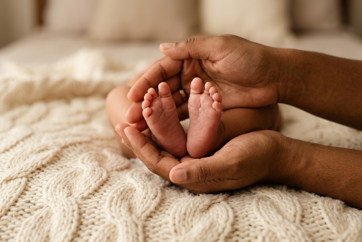 Pezinhos de bebê pardo acolhidos pelas mãos de um adulto