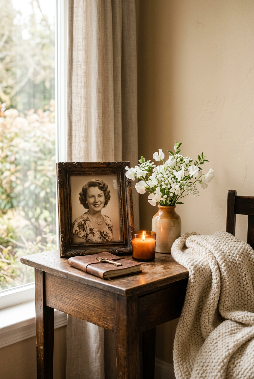 A framed photo beside a lit candle and flowers by a bright window