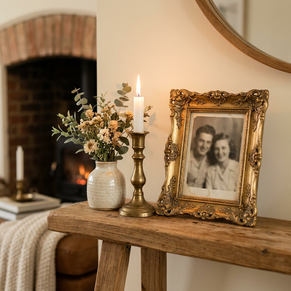 A gold frame and lit candle resting on a mantle