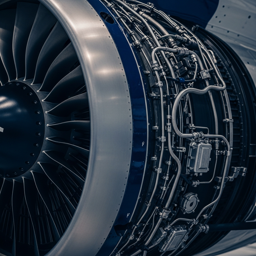 Close-up of aircraft turbine engine