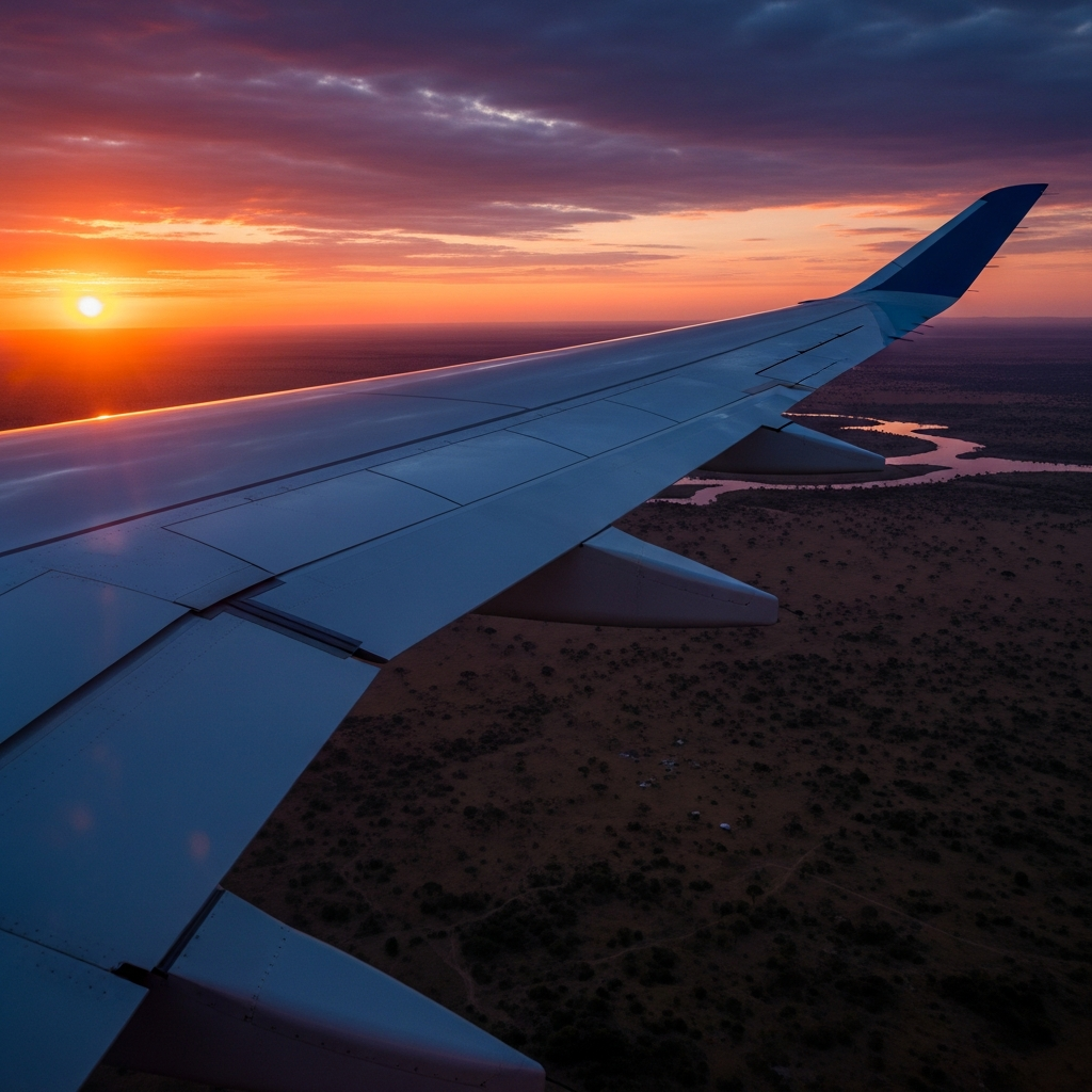 Aircraft wing over African landscape