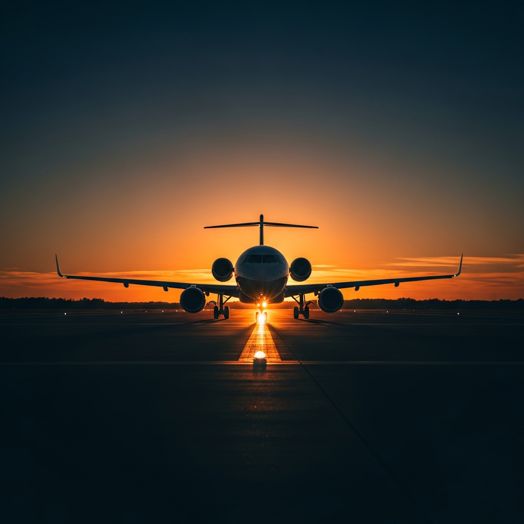 Aircraft on runway at golden hour