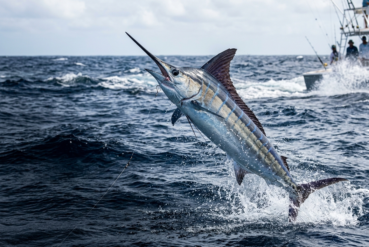 Blue marlin leaping free from the ocean at golden hour