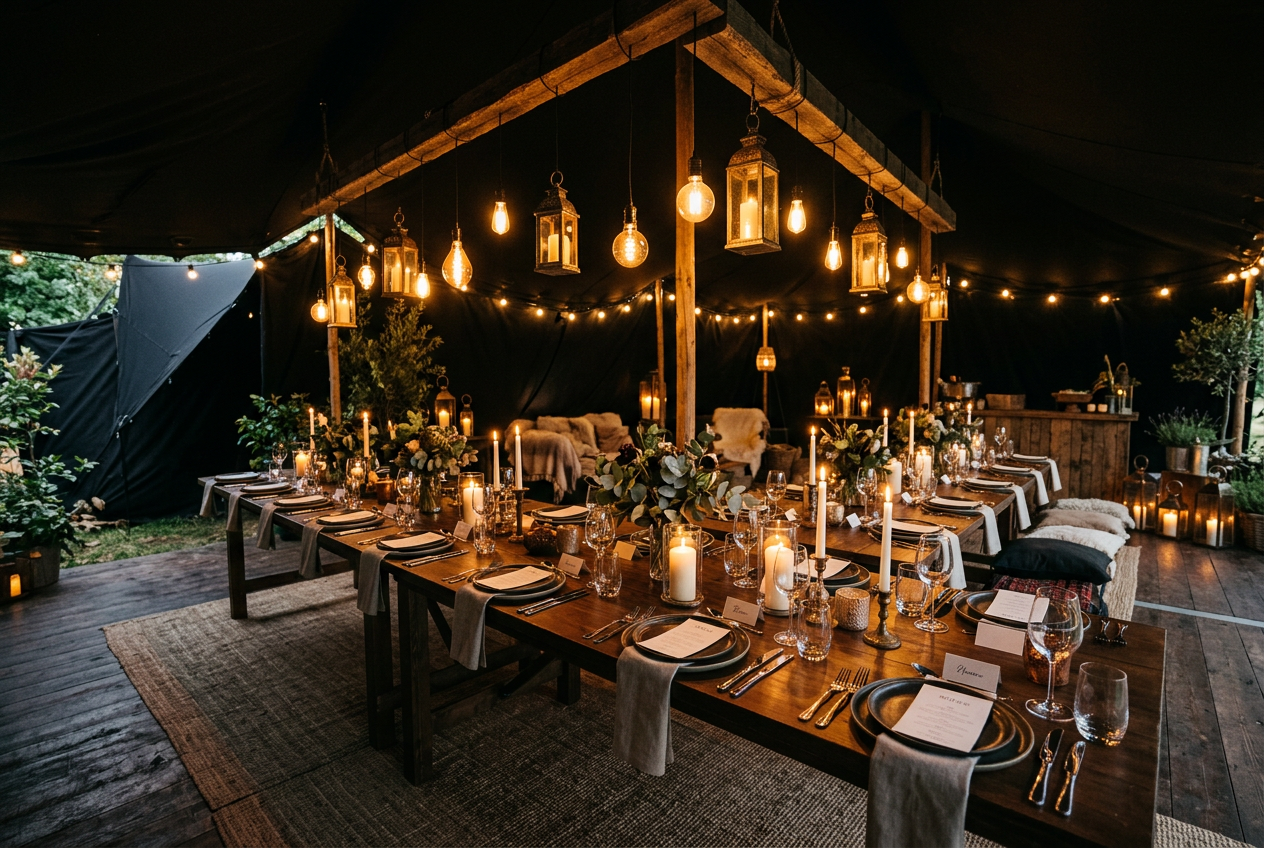 Fine dining inside a black stretch tent