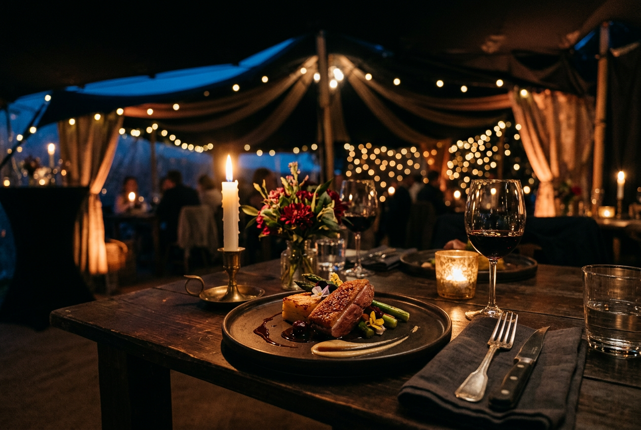 Fine dining inside a black stretch tent