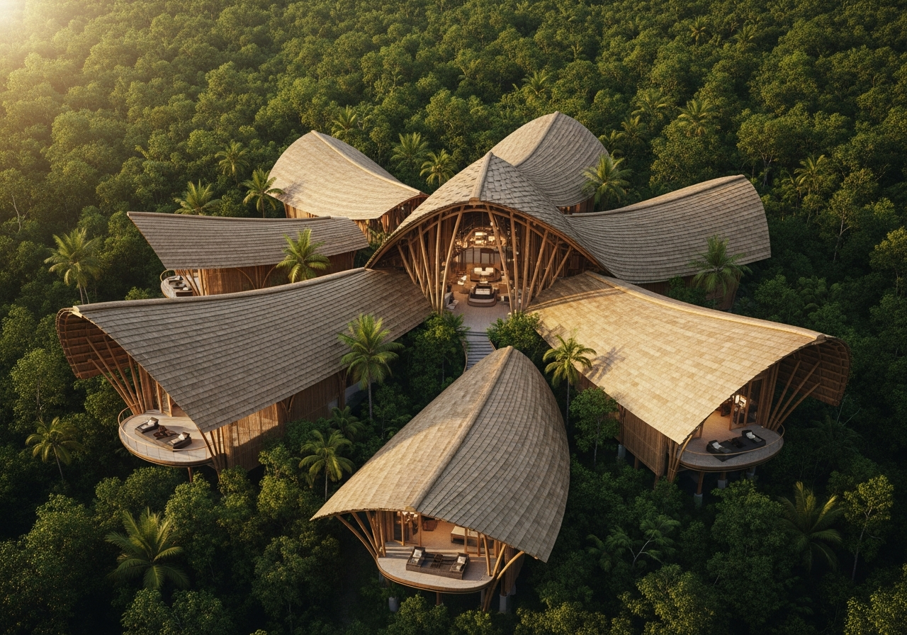 Futuristic Bamboo Architecture - Aerial View of Eco-Luxury Resort