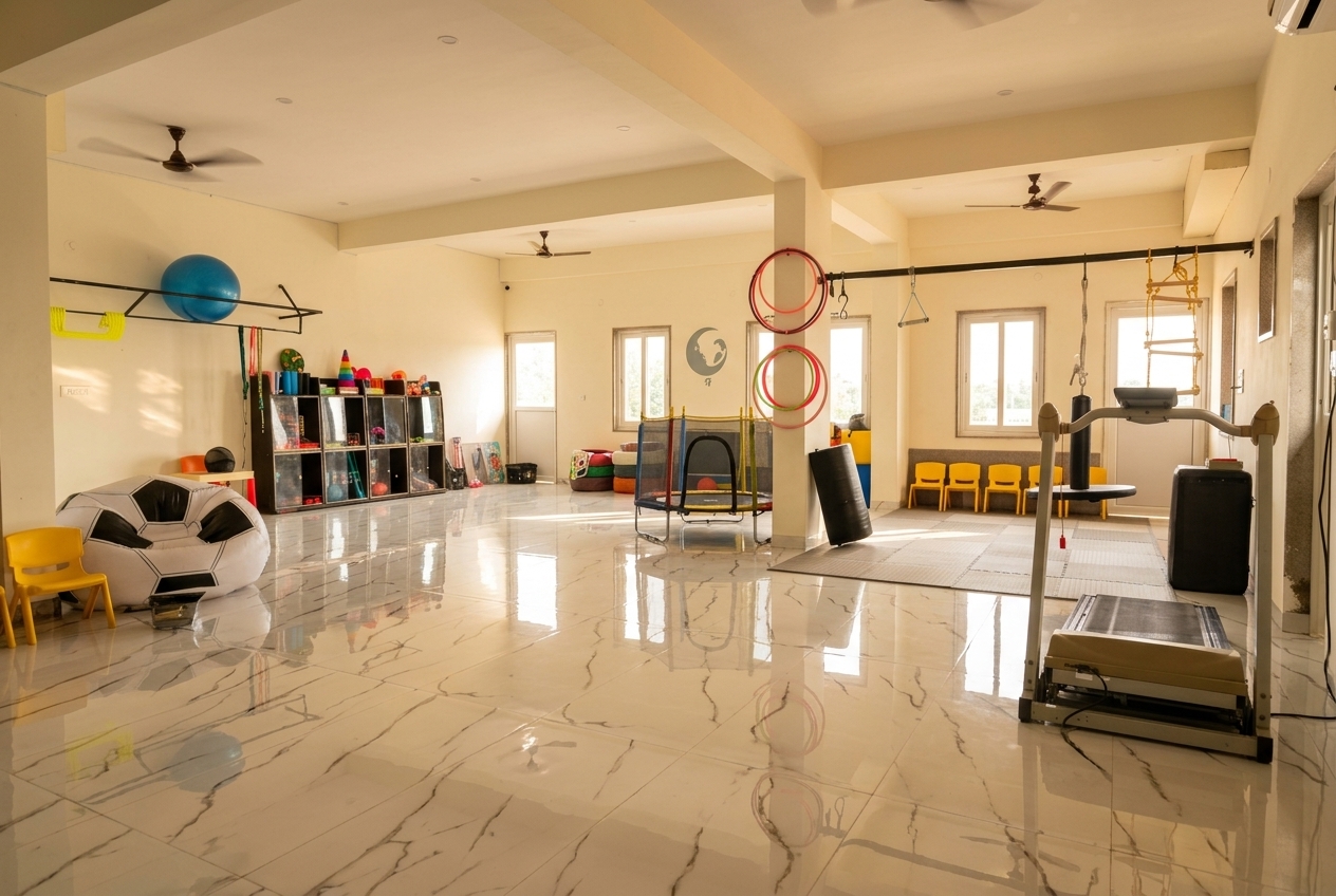 Bright indoor sensory movement gym with swings, trampoline and soft play