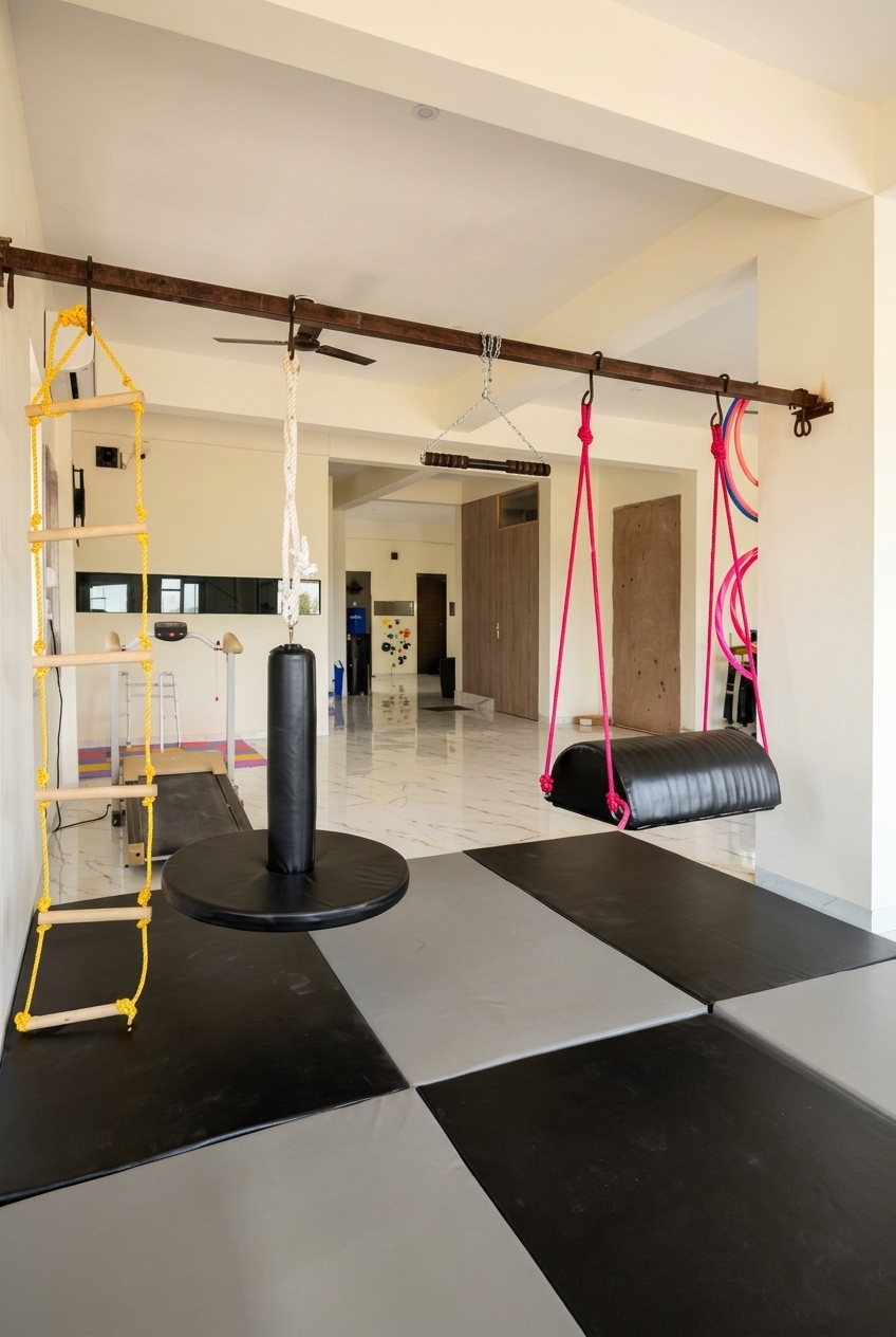 Occupational therapy sensory room with suspension swings and rope ladder