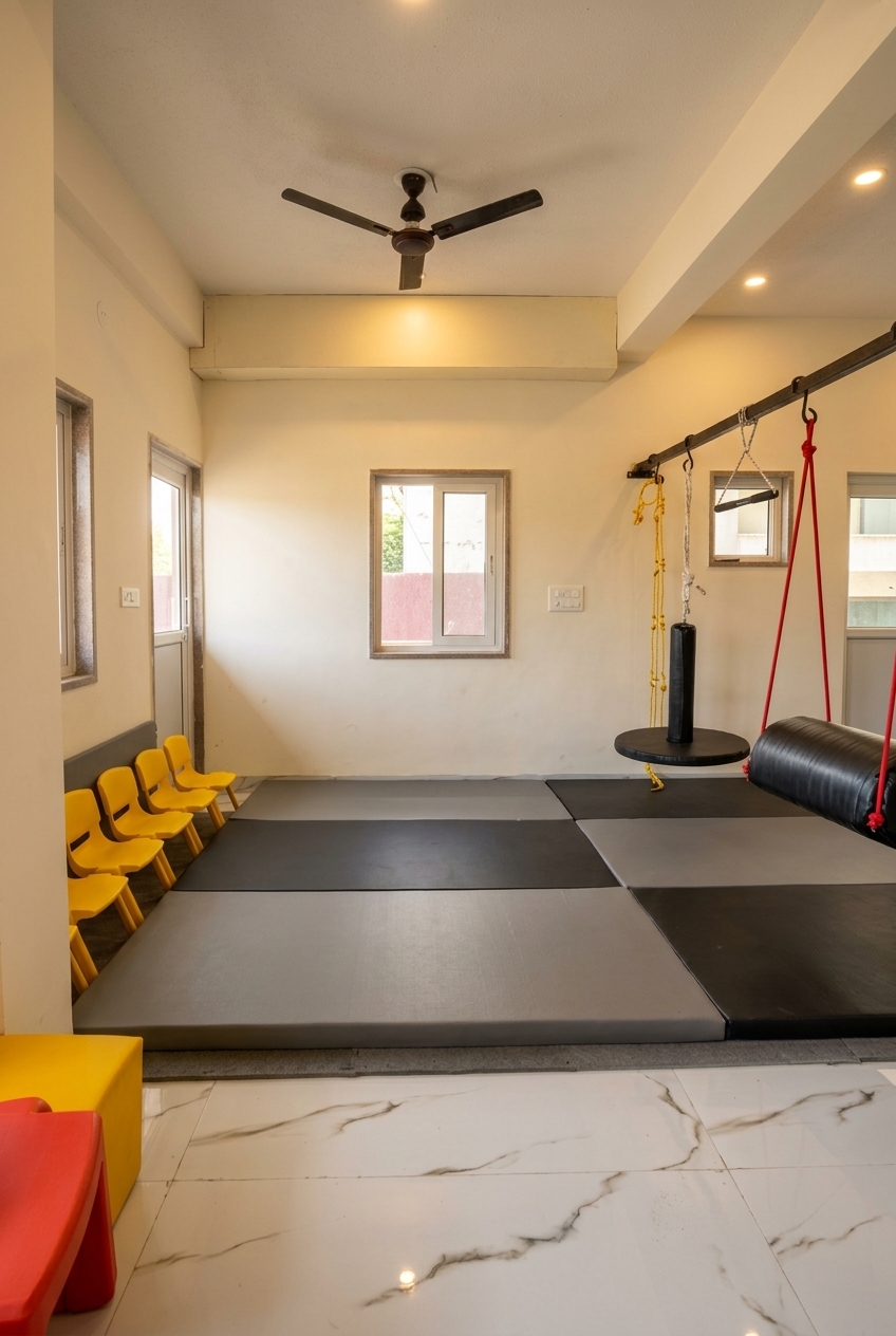 Calm therapy room with soft mats and sensory swings