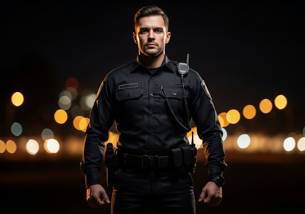 Professional security guard at night