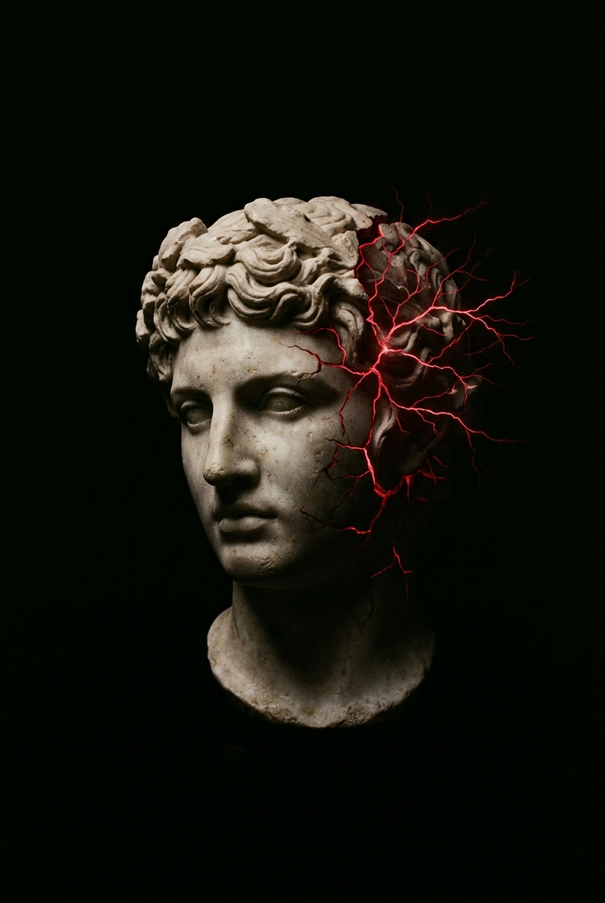Classical marble bust dissolving into crimson neural veins
