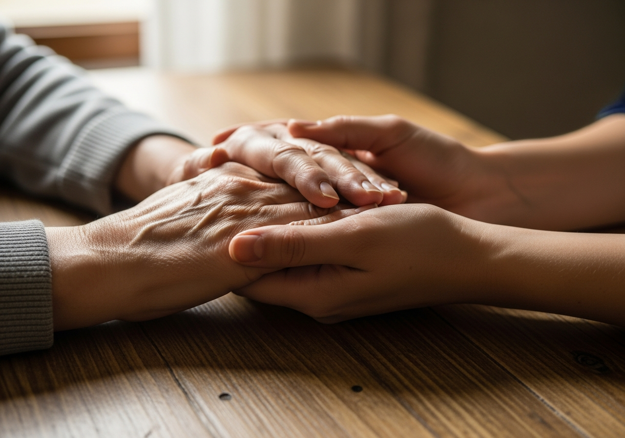 Hands resting together on a table
