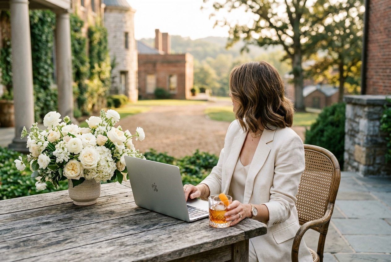A traveler planning her Kentucky trip with flowers and a bourbon old fashioned