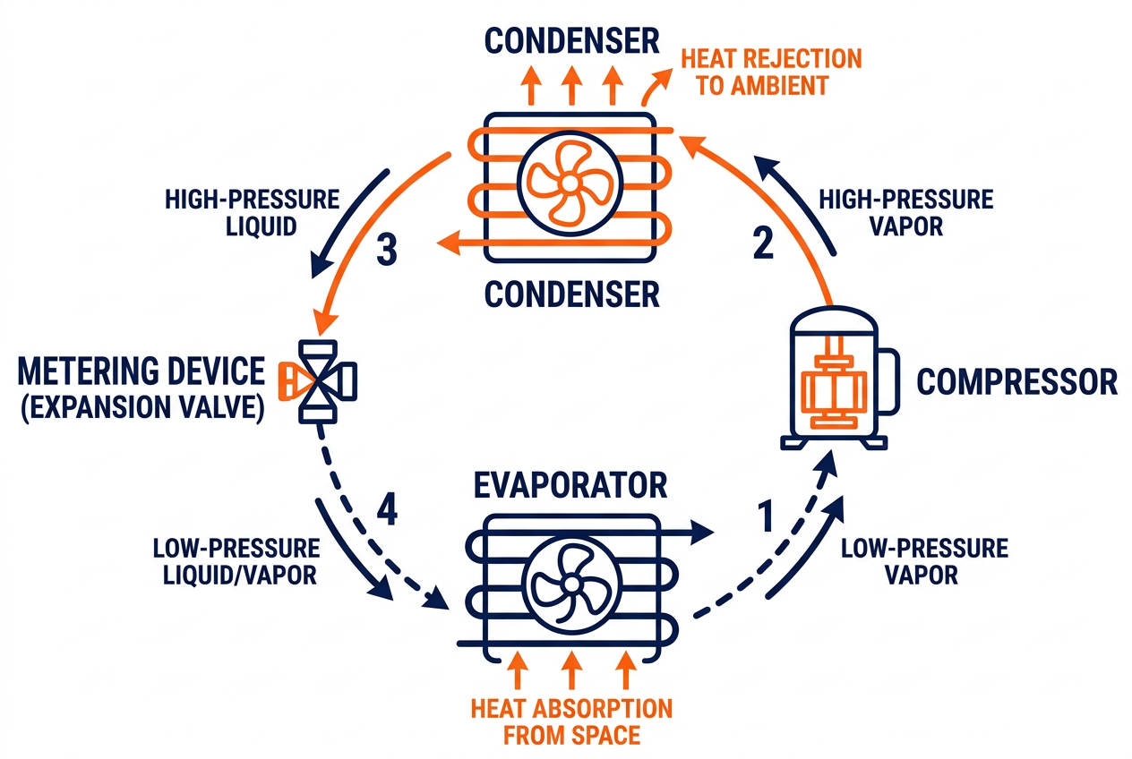 The basic vapor-compression cycle every EPA 608 appliance uses. Section 608 protects the refrigerant inside this loop from being released.