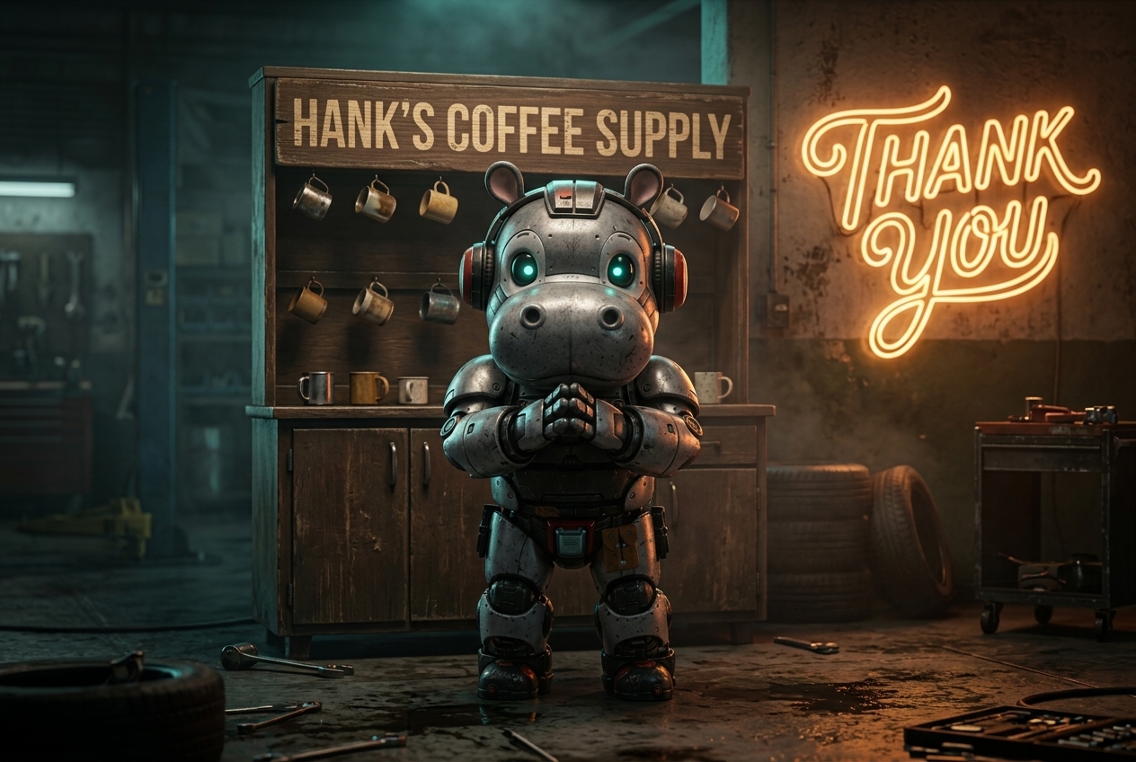Hank, humbled, in front of his coffee-supply cabinet under a neon thank-you sign
