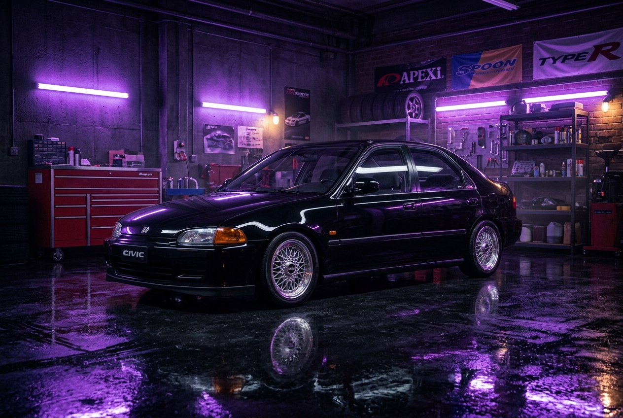 The Civic parked in a neon-lit garage at night