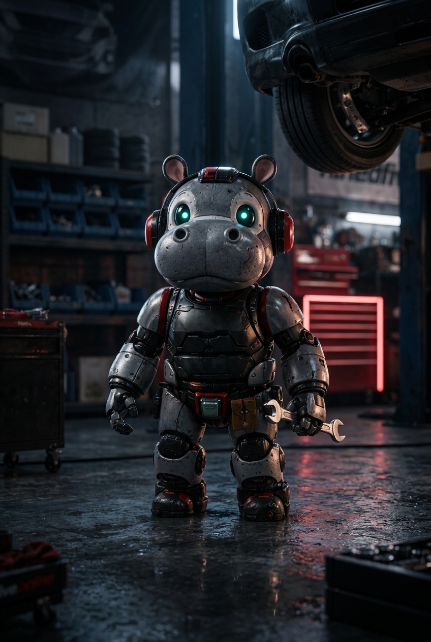 Hank — the robot hippo garage assistant standing under a lift, wrench in hand