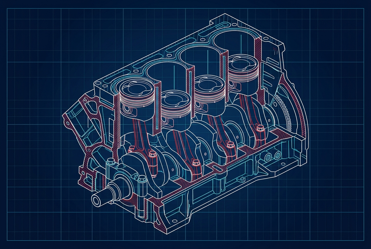Blueprint cross-section of the D15B engine block internals