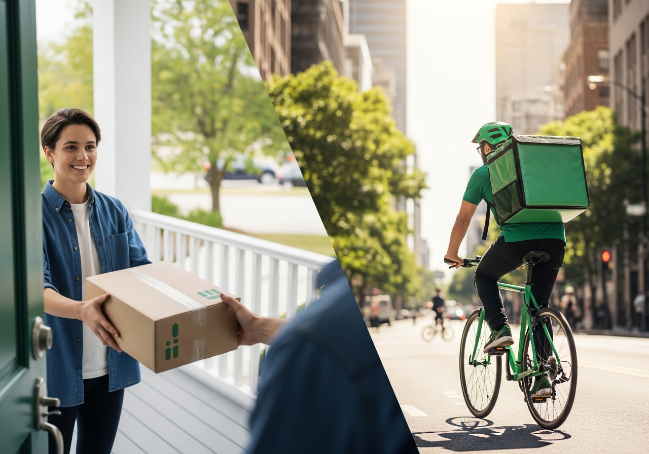 Customer receiving package and courier on bicycle