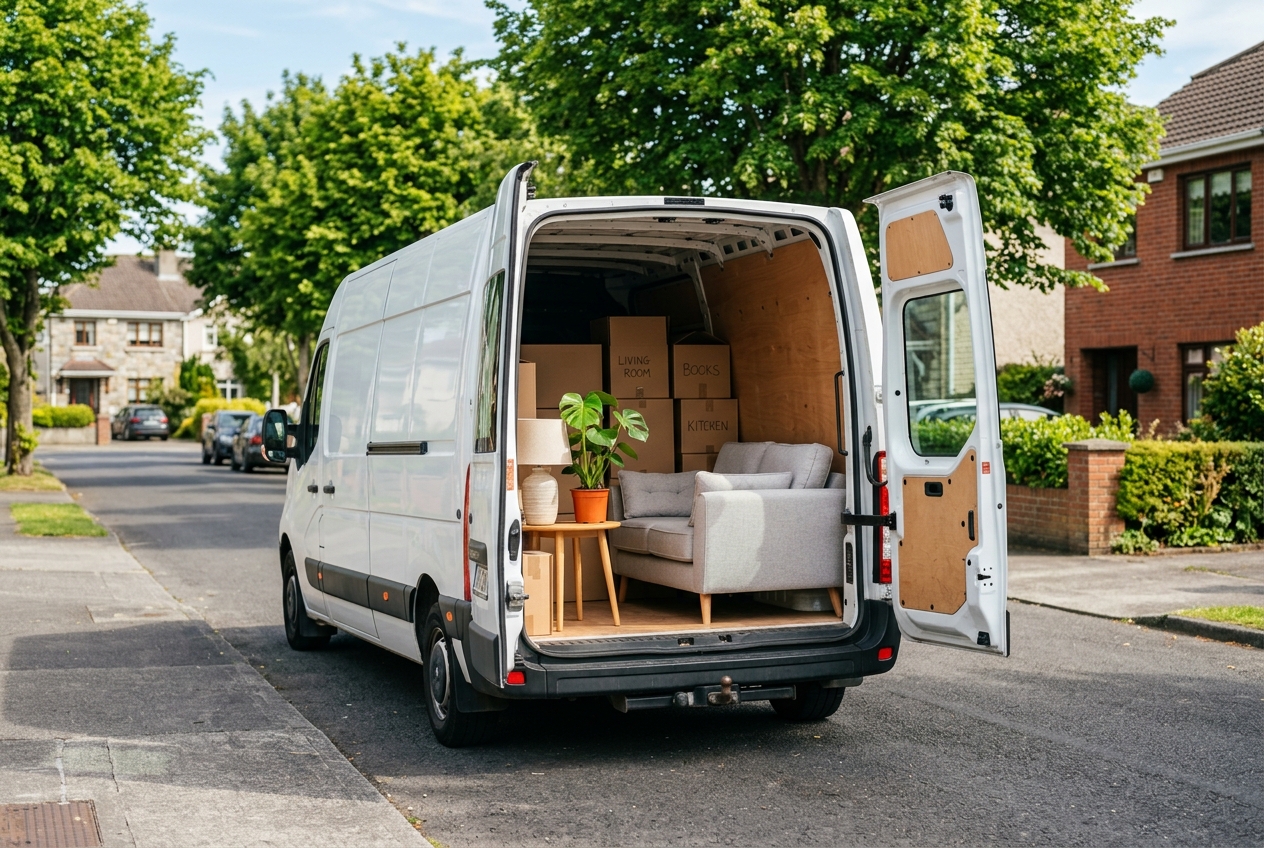 White delivery van with rear doors open, loaded with a sofa, boxes and a plant on an Irish street