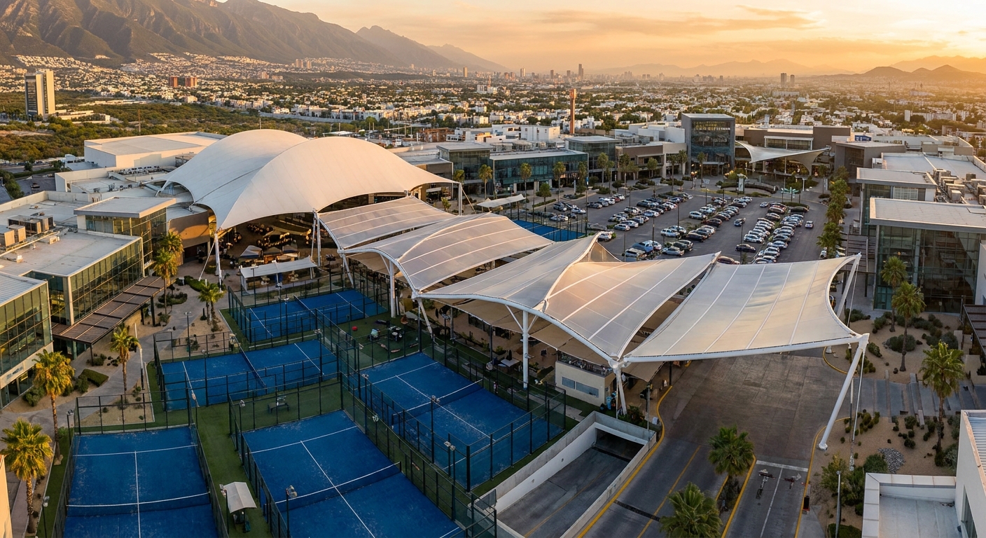 Plaza comercial con velarias premium Eclipse Cubiertas en Monterrey, México