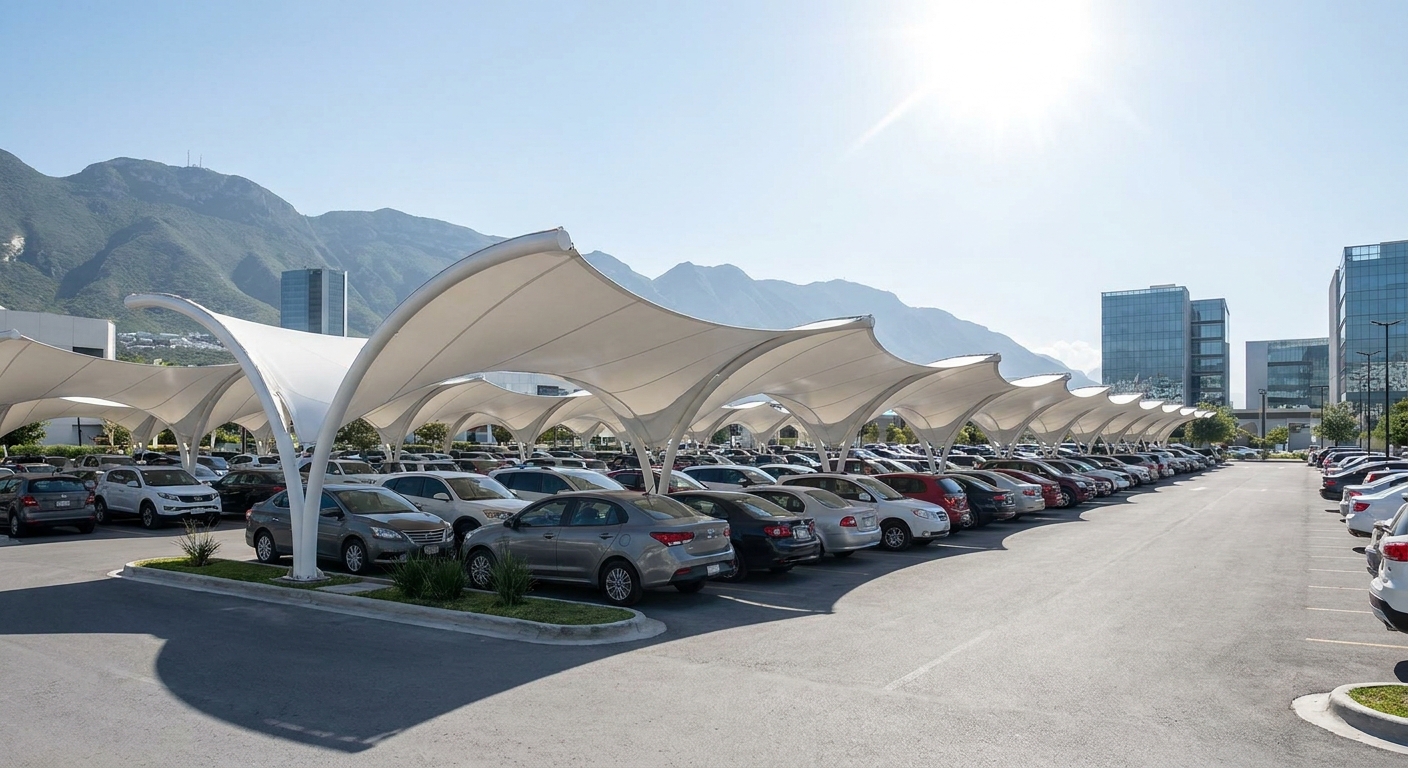 Estacionamiento Curve - Proyecto FlexShade de comercial en Monterrey por Eclipse Cubiertas
