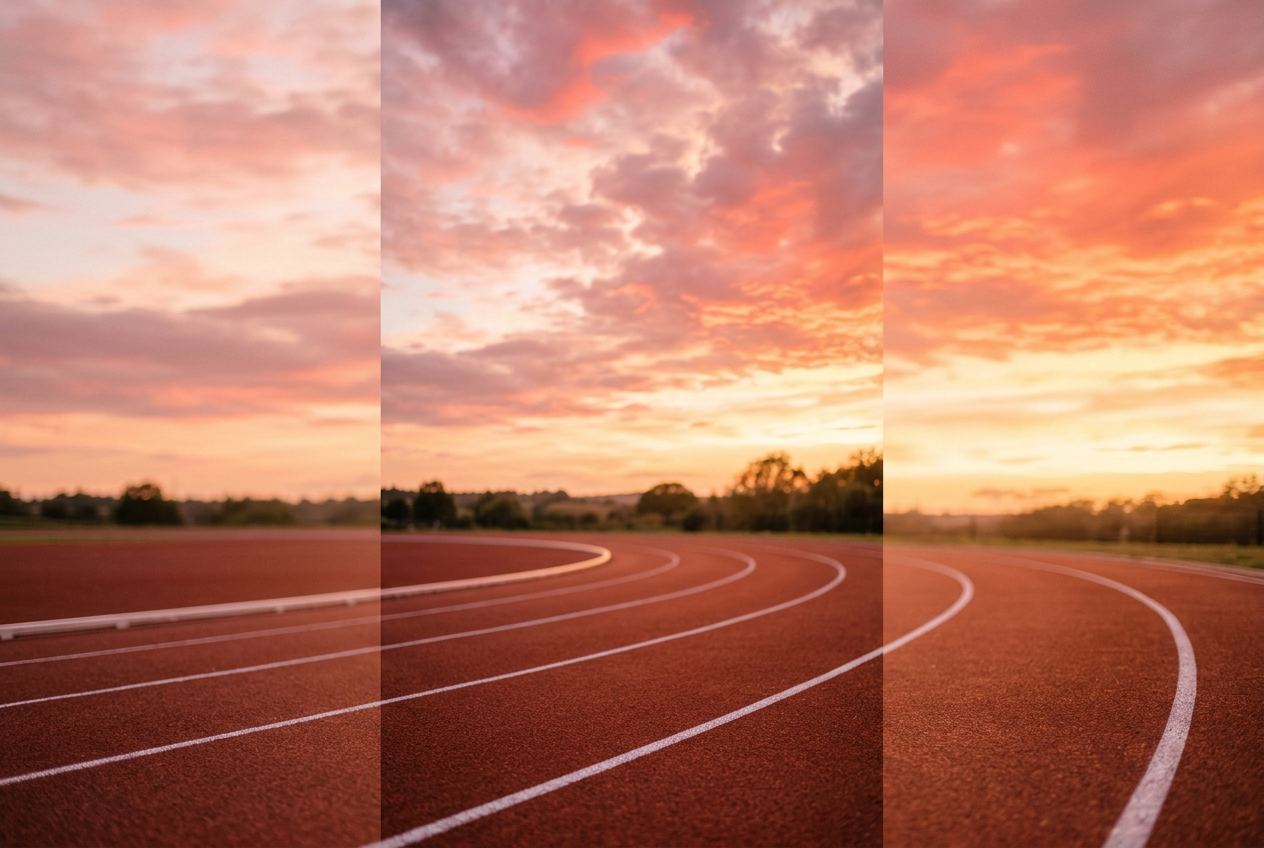 Pink sunset sky fading into a running track