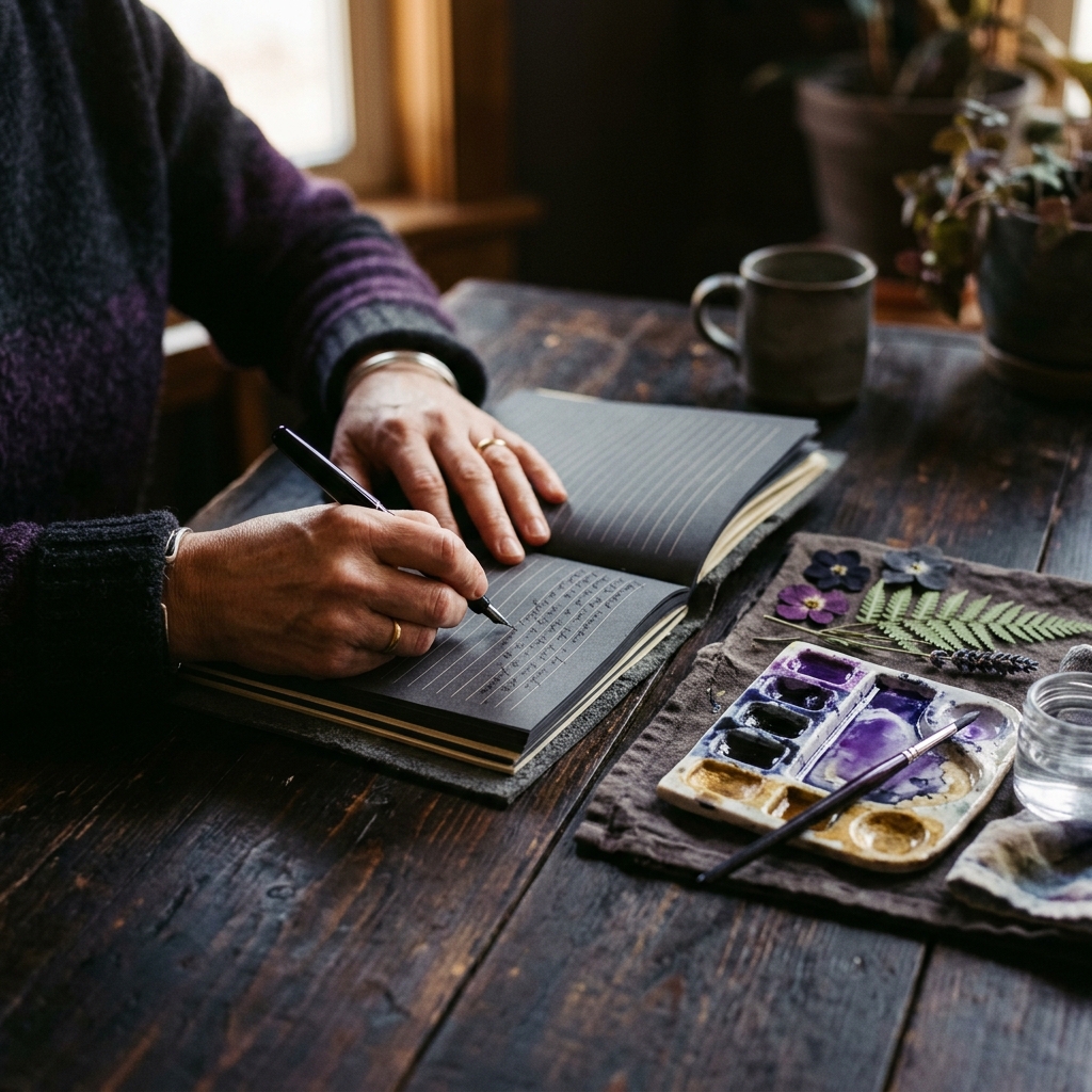 A learner journaling beside pressed botanicals