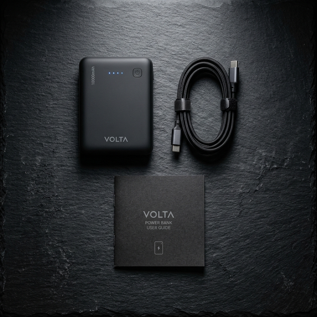 Box contents: power bank, USB-C cable and manual
