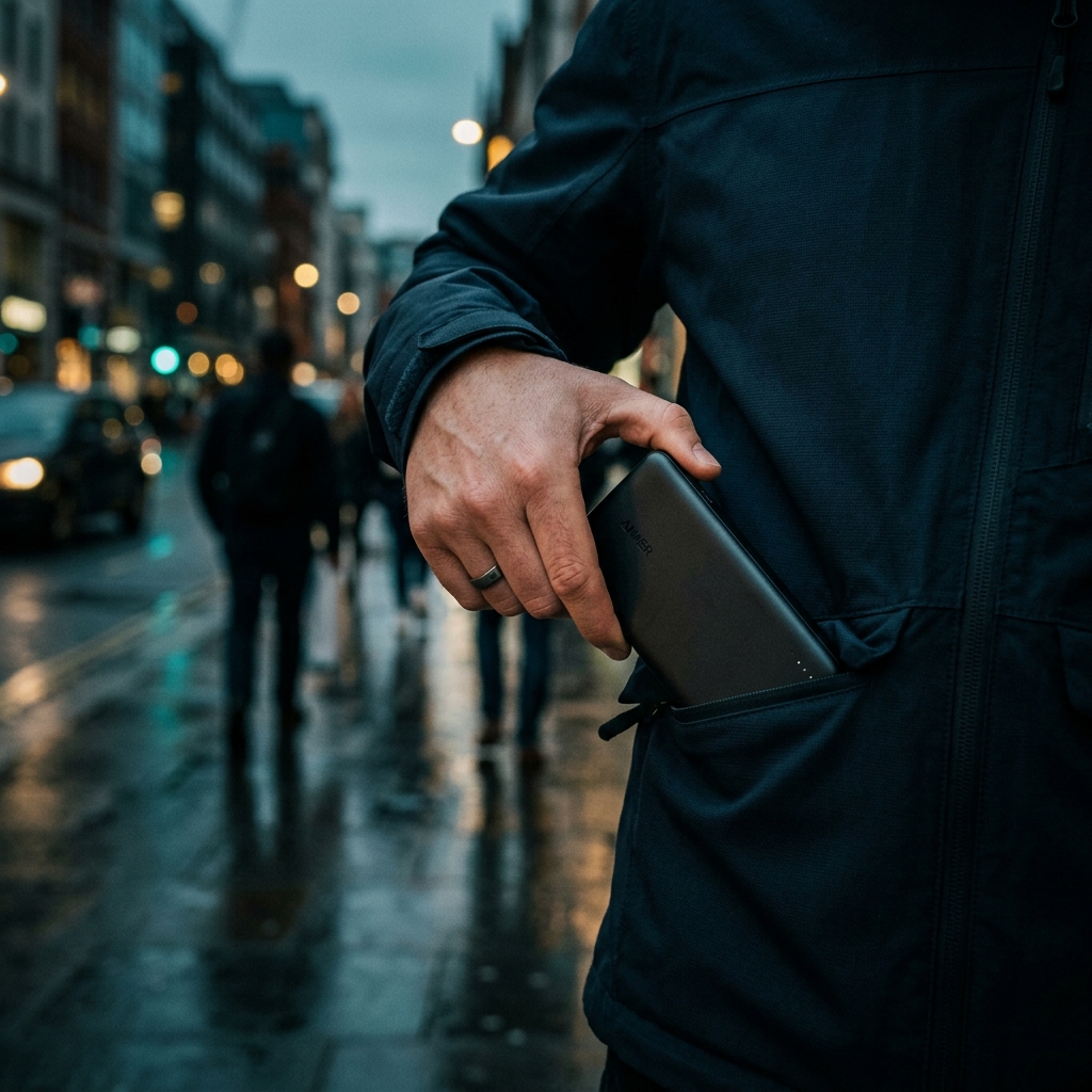 Sliding the power bank into a jacket pocket