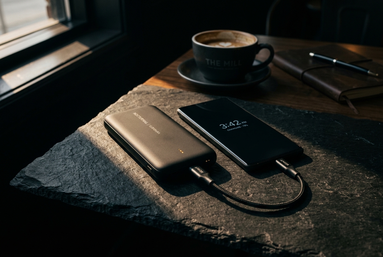 Power bank charging a smartphone on a dark desk