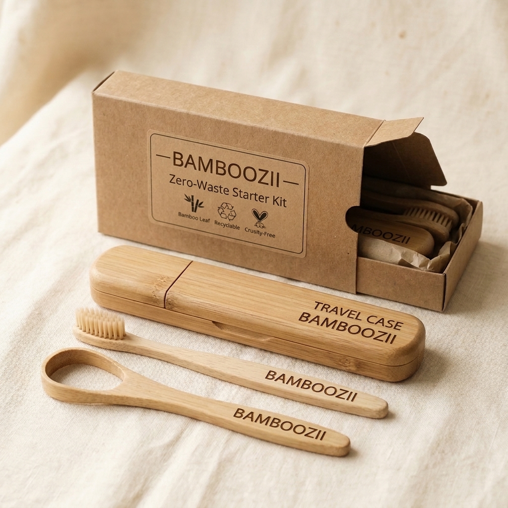 Bamboozii zero-waste starter kit — bamboo toothbrush, tongue cleaner and travel case in kraft packaging