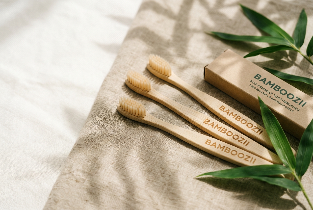 Bamboozii bamboo toothbrushes engraved with the brand name on beige linen with bamboo leaves