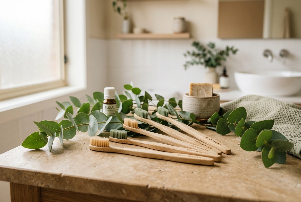 Bamboo toothbrushes arranged on warm stone with eucalyptus leaves