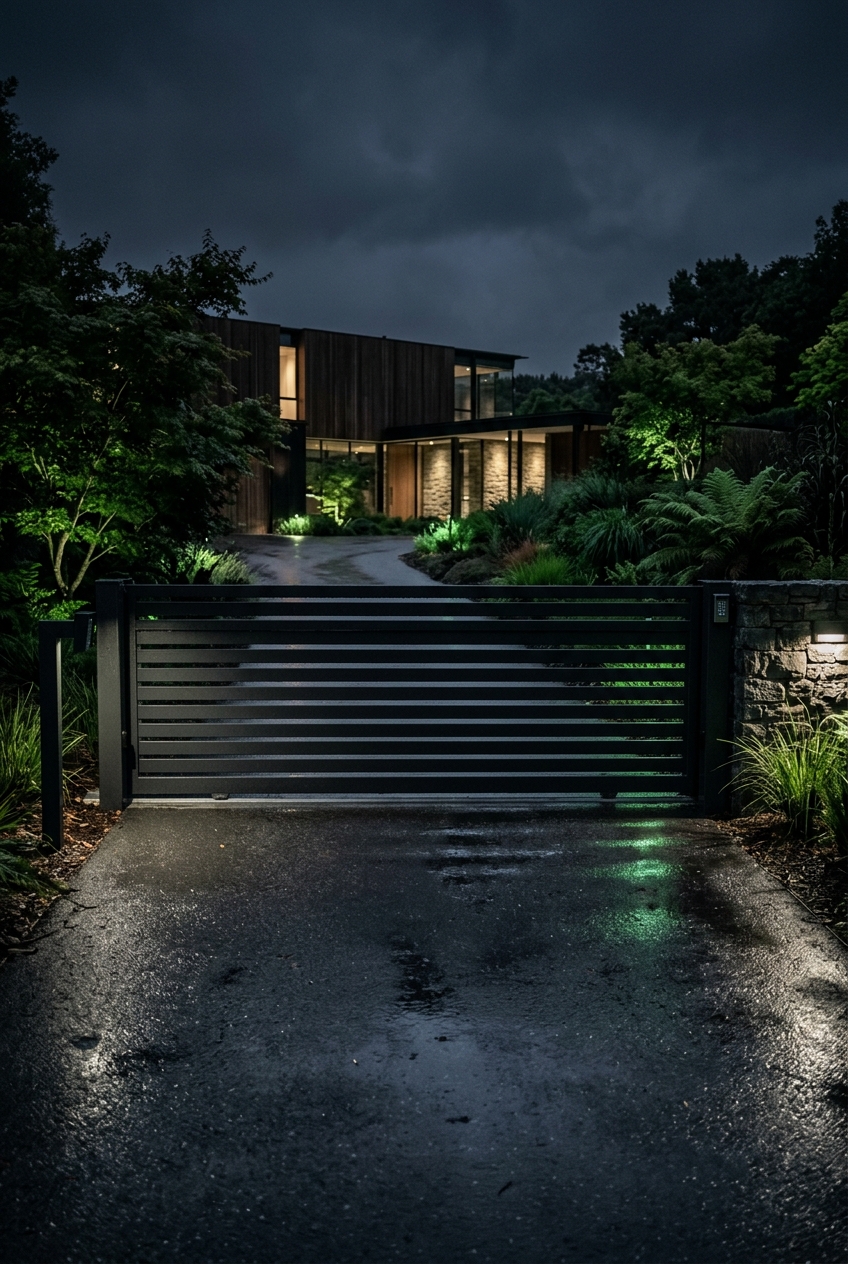 Sliding gate opener installed at a residential entrance