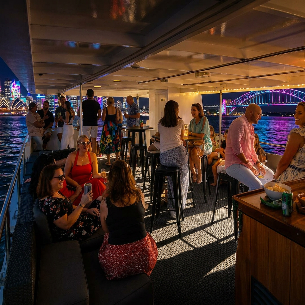 Vivid Cruises Sydney, onboard licensed bar and deck Guests enjoying drinks at the licensed bar on the open deck of a Vivid Cruises Sydney harbour cruise during Vivid Sydney at night