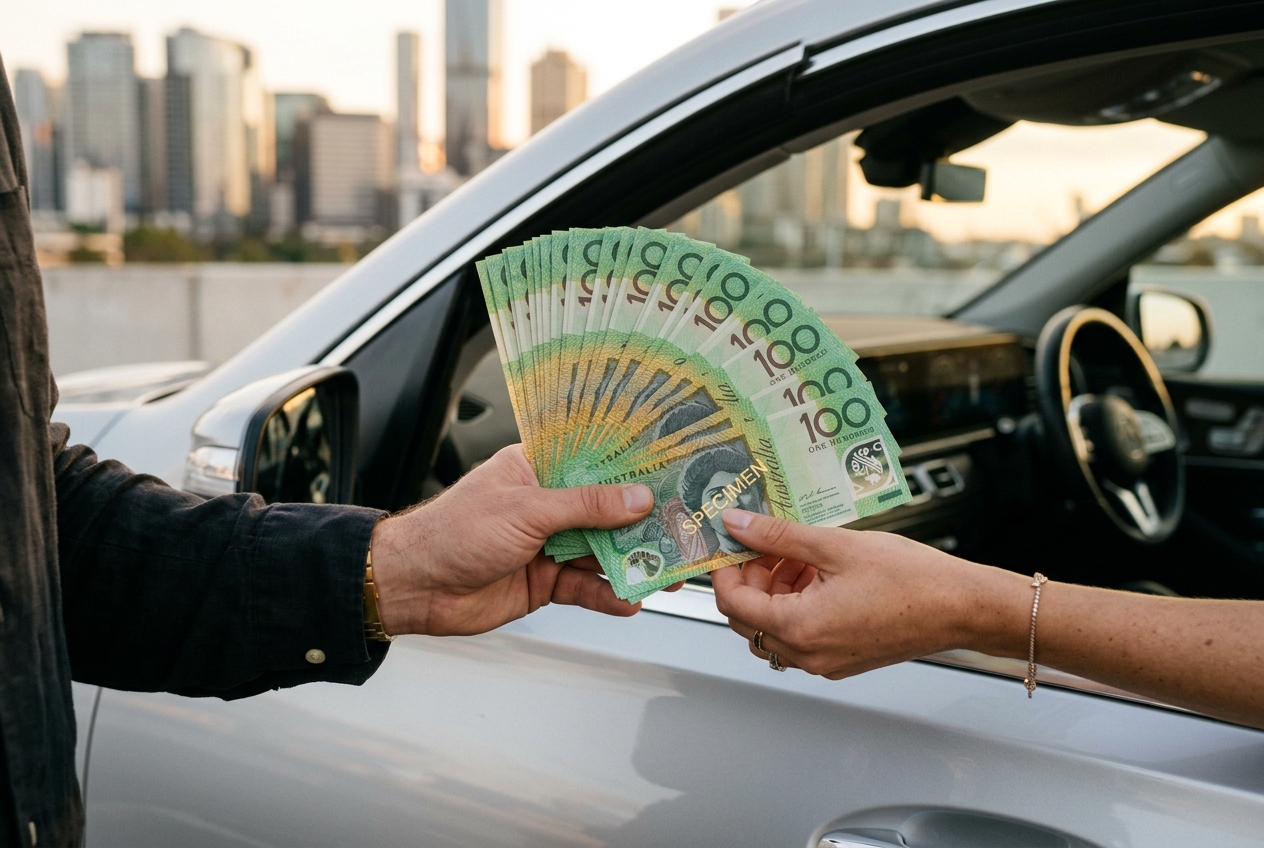 Hands passing green and gold cash across next to a car