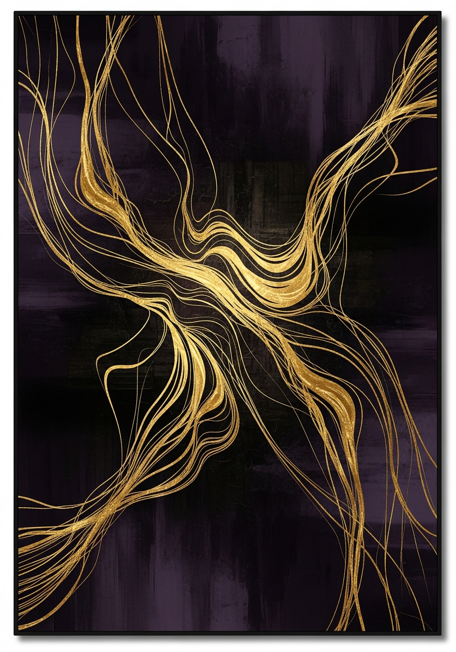 Crowned Canvas Creations Majestic Vibes artwork — flowing abstract gold linework on deep plum
