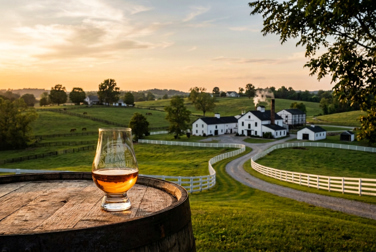 A glass of Kentucky bourbon on a barrel overlooking rolling distillery hills