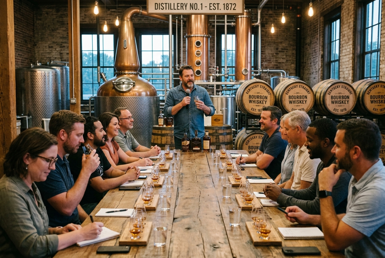 A long table of guests learning from a bourbon instructor with the distillery behind