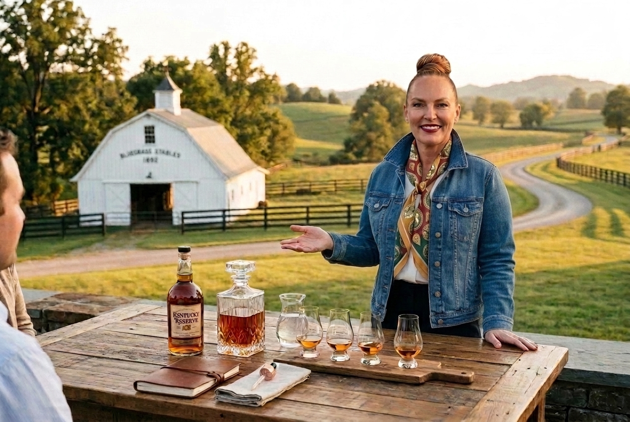 Angelique, founder, welcoming guests to a bourbon tasting where refined hospitality meets rural Kentucky