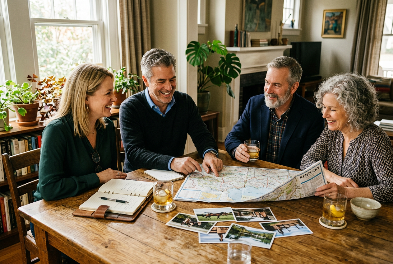 A group of friends around a table planning their Kentucky bourbon trip over glasses of bourbon