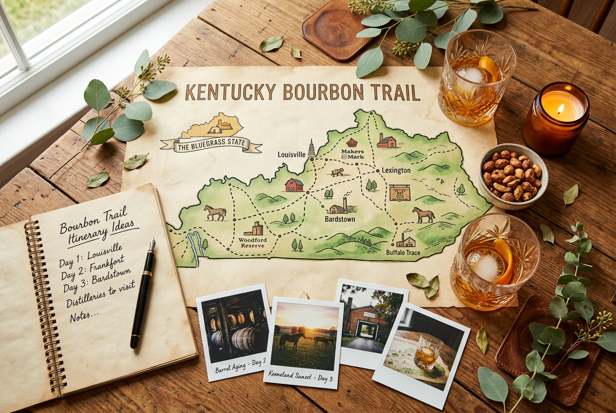 Kentucky bourbon trail map with an itinerary notebook and travel keepsakes